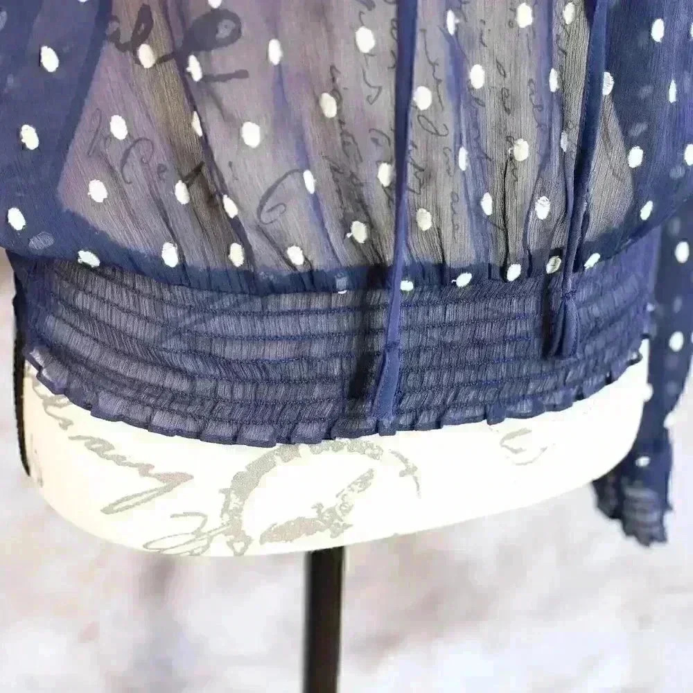 Women's Free People Size S navy blue polka dot embroidered sheer shirt - Picture 4 of 14